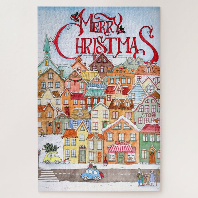 Merry Christmas Funny Whimsical Cute Winter Town Jigsaw Puzzle (Vertical)