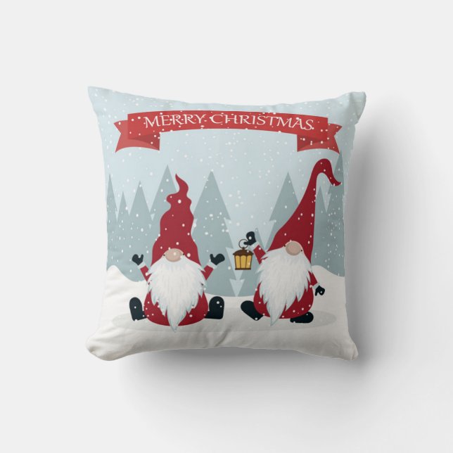 Merry Christmas Garden Gnomes Throw Pillow (Front)