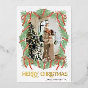 Merry Christmas Garland Frame Bow Photo Gold Foil Invitation