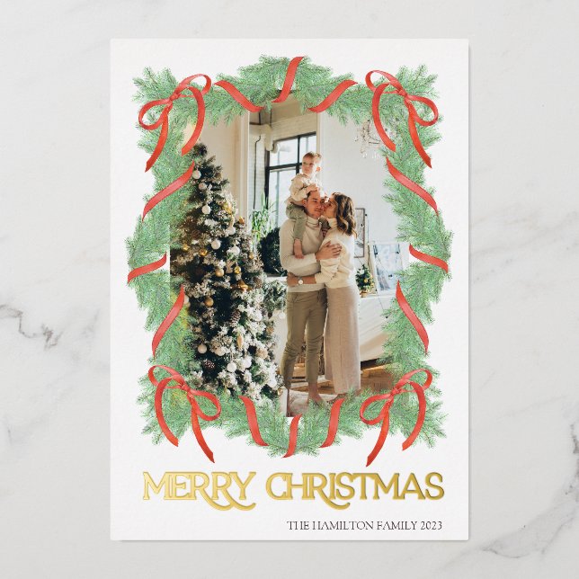 Merry Christmas Garland Frame Bow Photo Gold Foil Invitation (Front)