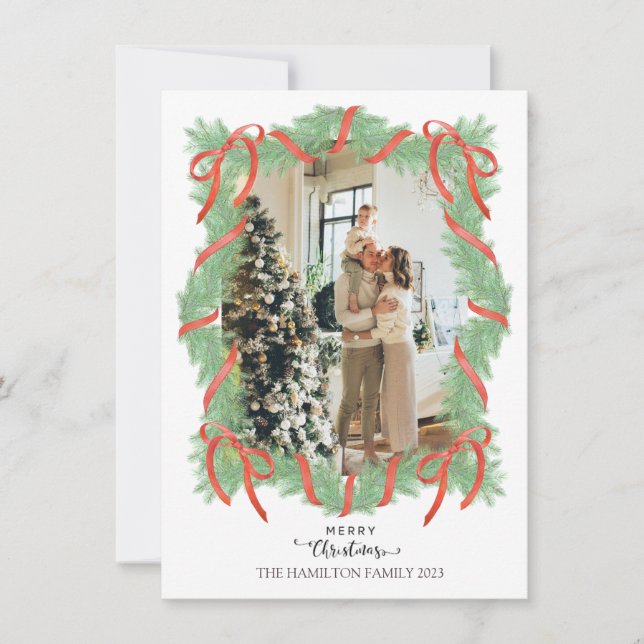 Merry Christmas Garland Frame Bow Photo  Holiday Card (Front)