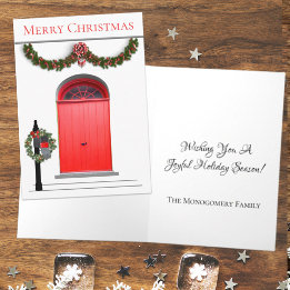 Merry Christmas Garland Mailbox Wreath Red Door Holiday Card