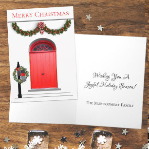 Merry Christmas Garland Mailbox Wreath Red Door Holiday Card
