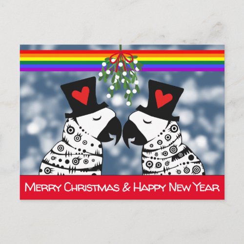 Merry Christmas Gay Parrots Under the Mistletoe Postcard