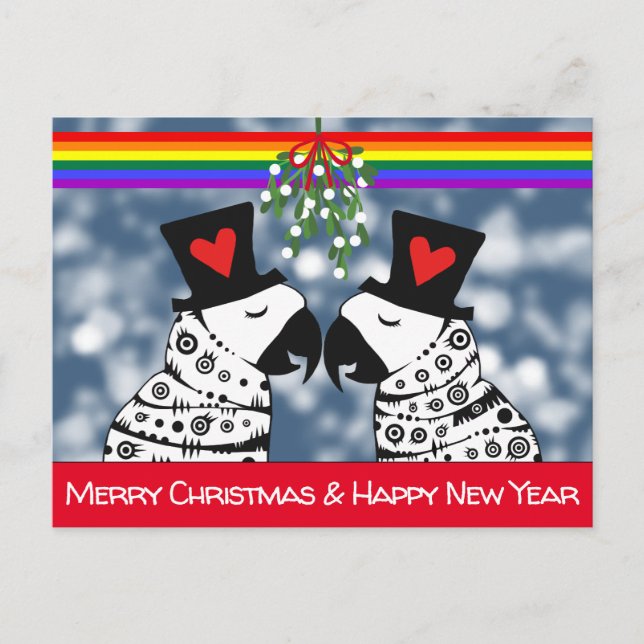 Merry Christmas Gay Parrots Under the Mistletoe Postcard (Front)