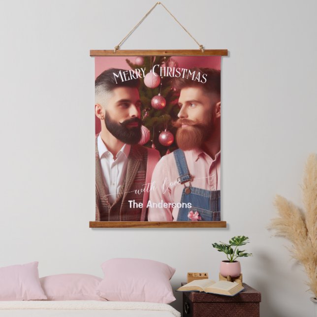 Merry Christmas Gay Retro Pink | Custom Photo  Hanging Tapestry (Bedroom)