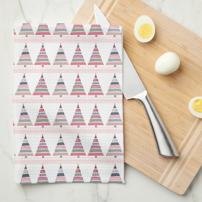 Merry Christmas Geometric Pastel Tree Pattern Kitchen Towel (Quarter Fold)