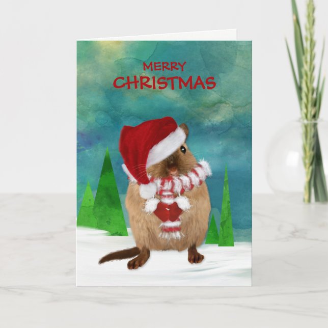 Merry Christmas Gerbil Santa Hat in Winter Scene Holiday Card (Front)