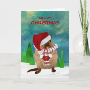 Merry Christmas Gerbil Santa Hat in Winter Scene Holiday Card