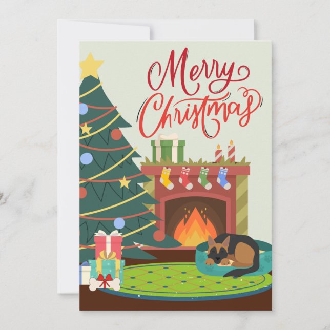 Merry Christmas German Shepherd Dog Fireplace Xmas Holiday Card (Front)
