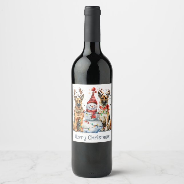 Merry Christmas German Shepherd Dogs Wine Label (Front)