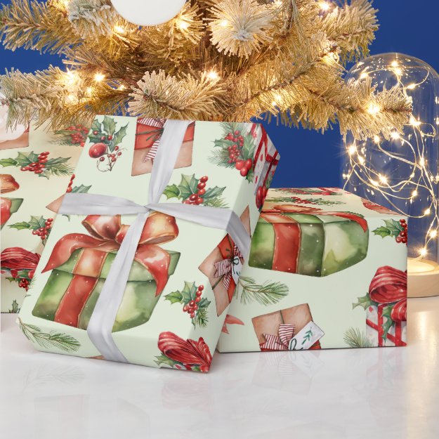 Merry Christmas Gift Box Holly Berries Red Bow