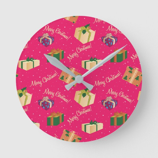 Merry Christmas Gift Boxes Round Clock (Front)