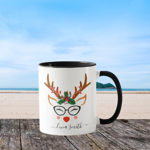 Merry Christmas Gift Cute Reindeer Faces Black Mug