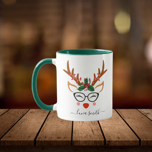 Merry Christmas Gift Cute Reindeer Faces Green Mug