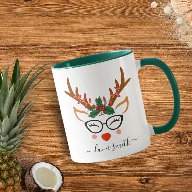 Merry Christmas Gift Cute Reindeer Faces Green Mug (Creator Uploaded)