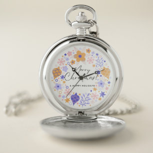 Merry Christmas gift floral white silver Pocket Watch