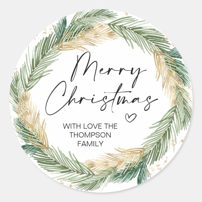 Merry Christmas Gift Gold Greenery Wreath Stickers (Front)