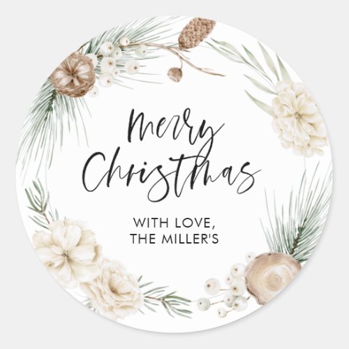 Merry Christmas Gift Label Greenery Round Sticker