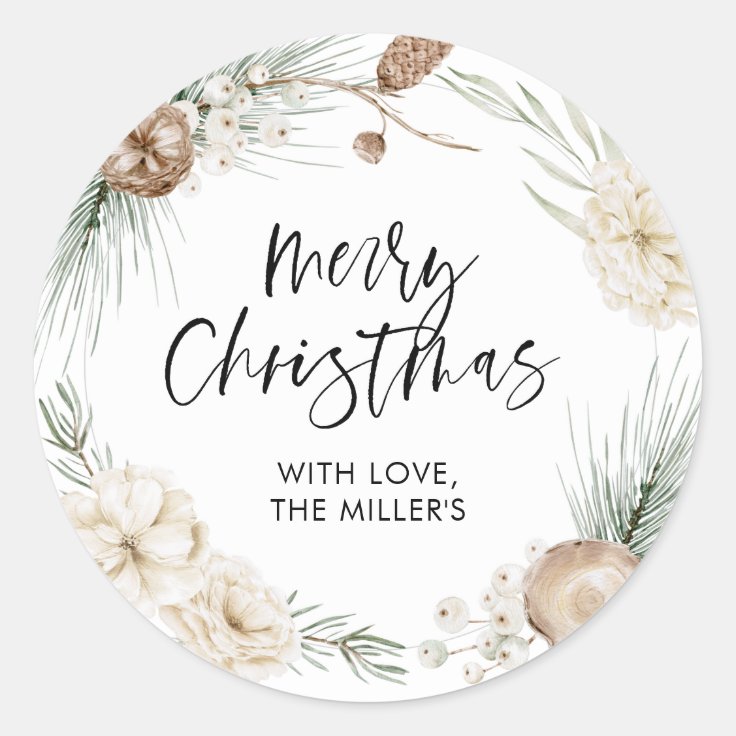Merry Christmas Gift Label Greenery Round Sticker | Zazzle