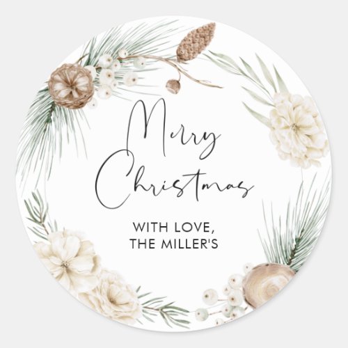 Merry Christmas Gift Label Greenery Round Sticker