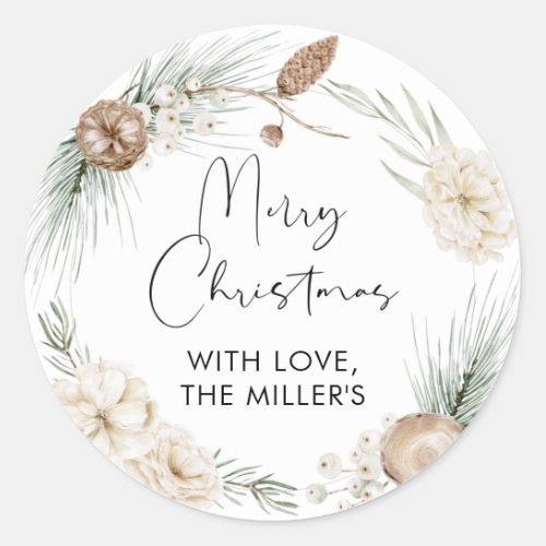 Merry Christmas Gift Label Greenery Round Sticker
