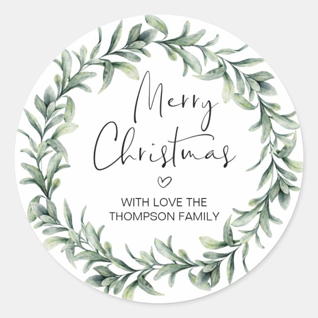 Merry Christmas Gift Label Greenery Wreath Sticker (Front)