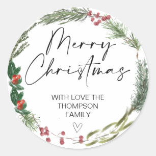 Merry Christmas Gift Label Greenery Wreath Sticker