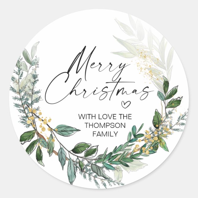 Merry Christmas Gift Label Greenery Wreath Sticker (Front)