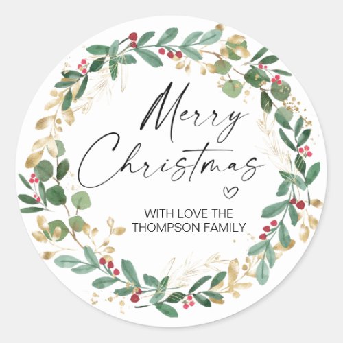 Merry Christmas Gift Label Greenery Wreath Sticker