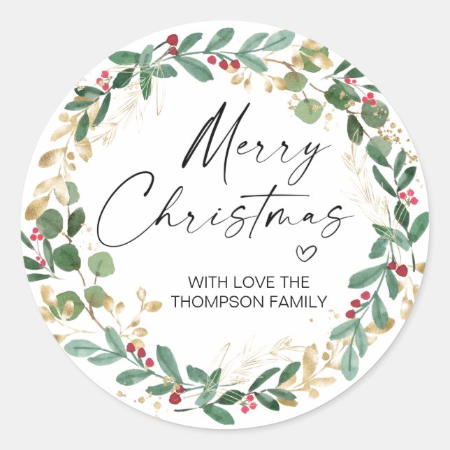 Merry Christmas Gift Label Greenery Wreath Sticker (Front)