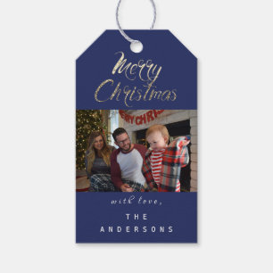 Merry Christmas Gift Photo Blue Gold Snowflakes Gift Tags