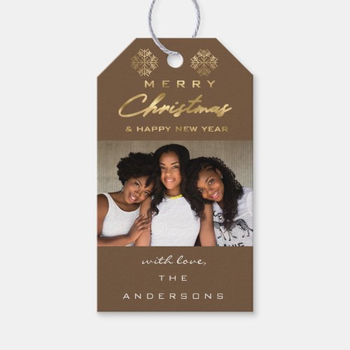 Merry Christmas Gift Photo Bronze Gray Gold Snow Gift Tags