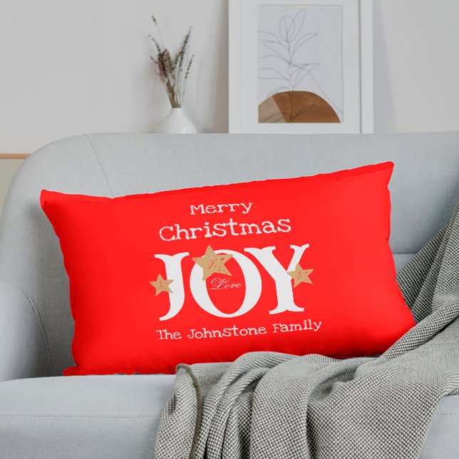 Merry Christmas Gift Script Rustic Red Holiday Lumbar Pillow (These bright and cheerful Christmas red lumbar pillows are sure to get everyone in a holidays mood.)