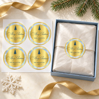 Merry Christmas Gift Seal – Blue & Gold Pine