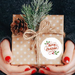 Merry Christmas Gift Sticker<br><div class="desc">Create stickers to label your Christmas holiday homemade goods,  cookies,  candy,  treats,  party favors and more featuring a stylish,  modern watercolor of green holly and red berries on a pale ivory stripe background and your message in chic lettering.</div>
