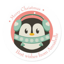 Merry Christmas gift stickers with penguin