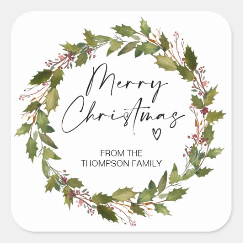 Merry Christmas Gift Tag Red Holly Wreath Stickers