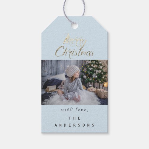 Merry Christmas Gift To Photo Gold Blue Snow Gift Tags