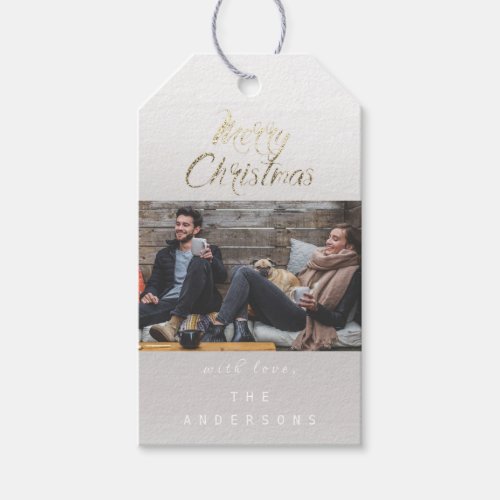 Merry Christmas Gift To Photo Gold Gray Snowflakes Gift Tags