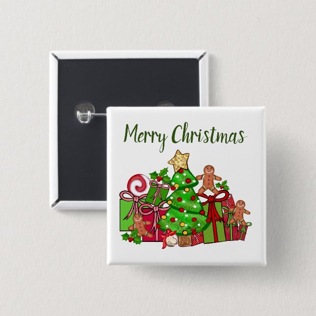 Merry Christmas Gifts Around The Tree Button (Front & Back)