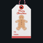 Merry Christmas | Gingerbread Cookie Gift Tags<br><div class="desc">This favor tag features a gingerbread with a Merry Christmas greeting.  There is a place to write in the recipient and the gift giver's names. The back of the tag is red with white polka dots</div>