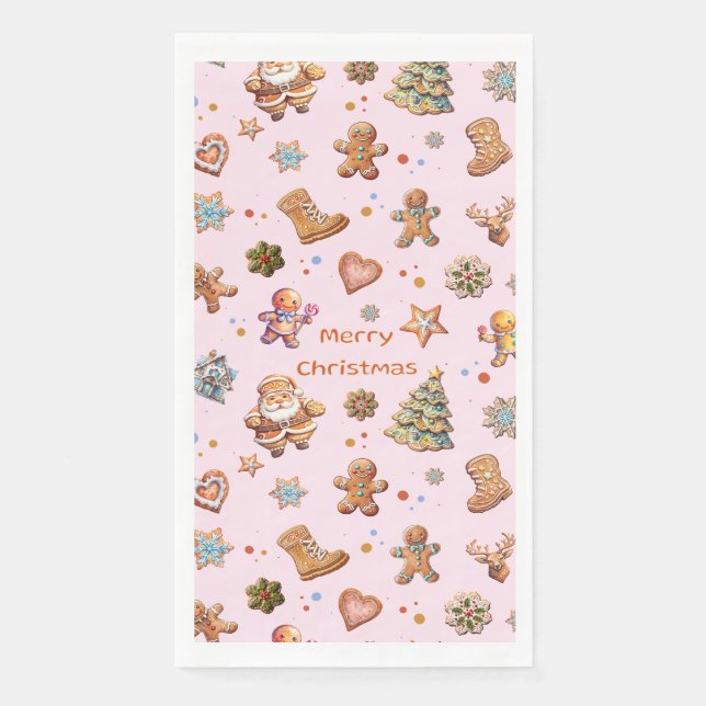 Merry Christmas Gingerbread Cute Fun Pink Paper Guest Towels (Front)