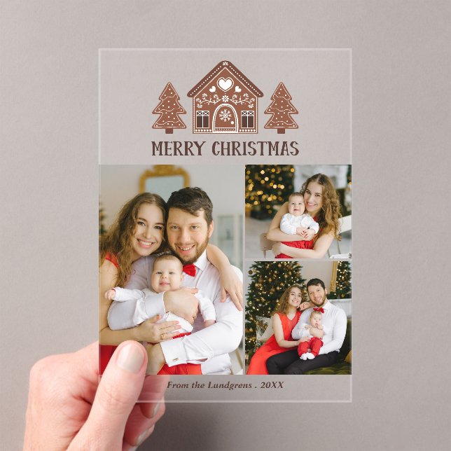 Merry Christmas Gingerbread House Photo Collage Acrylic Invitations (Insitu (Handheld))