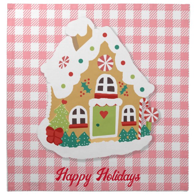 Merry Christmas Gingerbread House Pink Gingham   Cloth Napkin (Front)