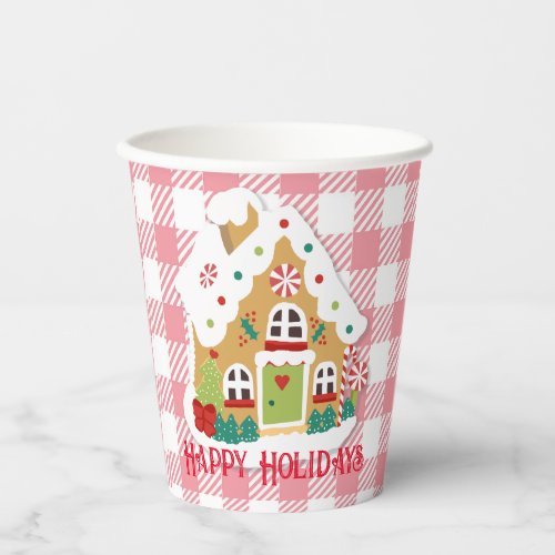 Merry Christmas Gingerbread House Pink Gingham Paper Cups