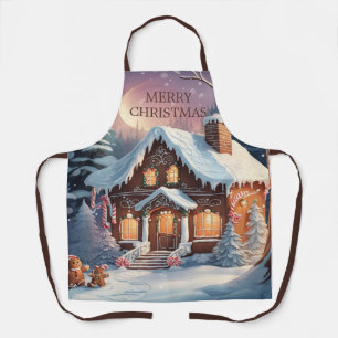 Merry Christmas Gingerbread House Snow Vintage  Apron