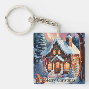 Merry Christmas Gingerbread House Snow Vintage Keychain