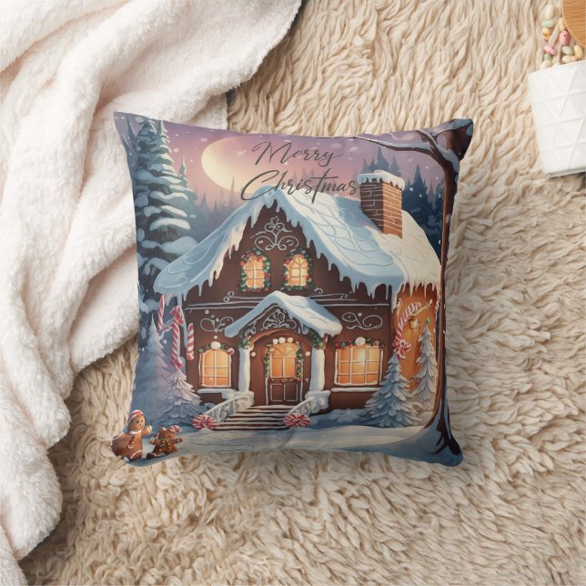 Merry Christmas Gingerbread House Snow Vintage  Throw Pillow (Blanket)