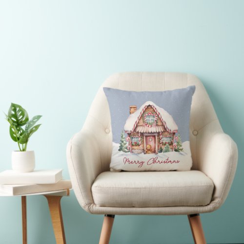 Merry Christmas Gingerbread House Throw Pillow